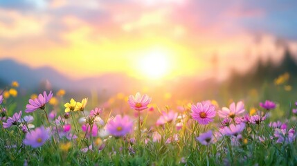 Obraz premium Sunset over field of wildflowers, mountain backdrop. Perfect for nature, peace, serenity themes