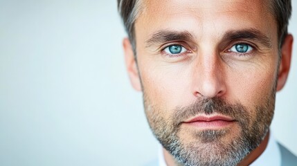 Obraz premium A close-up portrait of a serious man with striking blue eyes and a light beard, suitable for corporate profiles, leadership articles