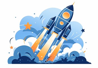  a rocket taking off, set against a blue sky with white clouds