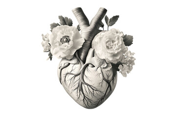 Monochrome floral anatomy heart combining flowers with anatomical heart structure artistically