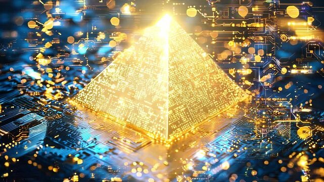 A golden pyramid shines amid swirling digital patterns and sparkles, blue and yellow hues