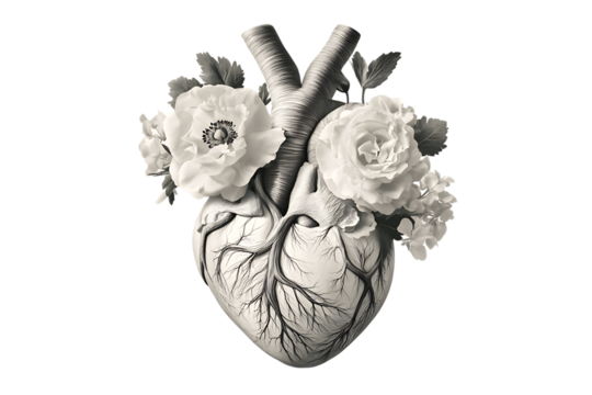 Monochrome floral anatomy heart combining flowers with anatomical heart structure artistically