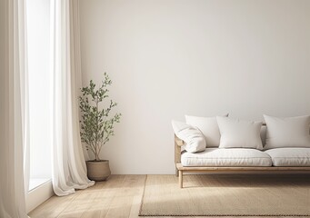 Fototapeta premium white living room with a sofa, coffee table, curtains, and wooden floor, creating a tranquil and comfortable atmosphere