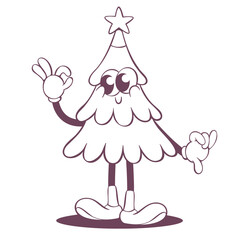 Retro groovy christmas line art mascot, funky 70s character