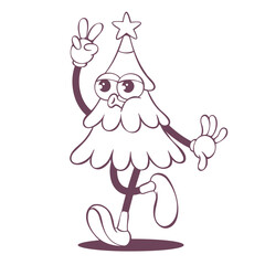 Retro groovy christmas line art mascot, funky 70s character