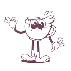 Retro groovy coffee cup line art mascot, funky 70s character