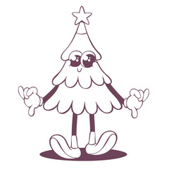 Retro groovy christmas line art mascot, funky 70s character