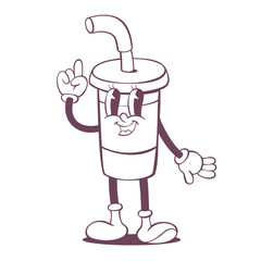 Retro groovy cup line art mascot, funky 70s character