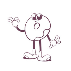 Retro groovy donut line art mascot, funky 70s character