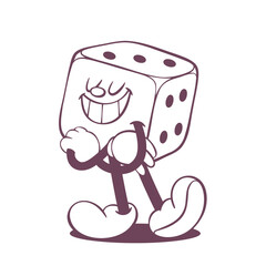 Retro groovy dice line art mascot, funky 70s character