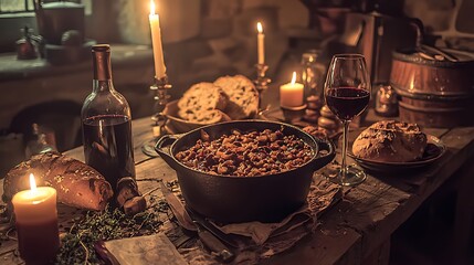 Medieval stew dinner candlelight rustic kitchen