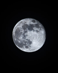A large, bright full moon is in the sky. The sky is dark and the moon is the only light source