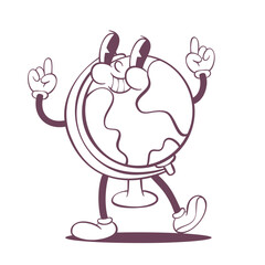 Retro groovy globe line art mascot, funky 70s character