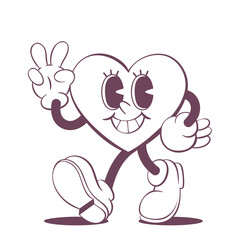 Retro groovy heart line art mascot, funky 70s character