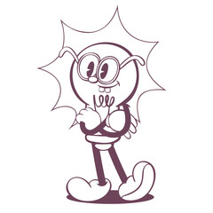 Retro groovy light bulb  line art mascot, funky 70s character