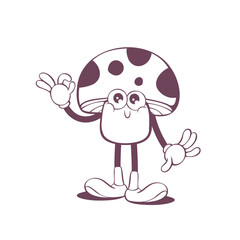 Retro groovy mushroom  line art mascot, funky 70s character