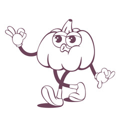 Retro groovy pumpkin line art mascot, funky 70s character