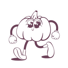 Retro groovy pumpkin line art mascot, funky 70s character