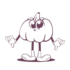 Retro groovy pumpkin line art mascot, funky 70s character