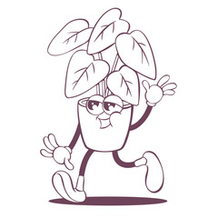 Retro groovy plant line art mascot, funky 70s character