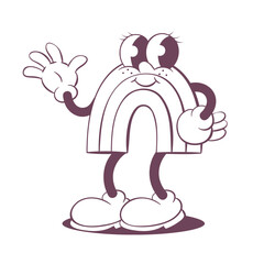 Retro groovy rainbow line art mascot, funky 70s character