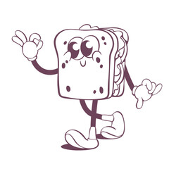 Retro groovy sandwich  line art mascot, funky 70s character