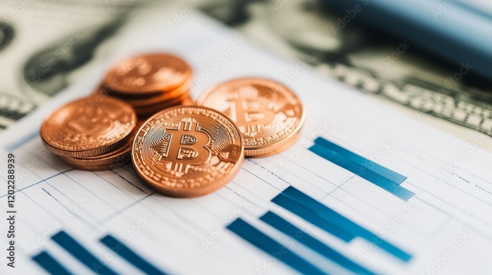 Poster several shiny bitcoin cryptocurrency coins are placed on a financial chart showing positive growth p