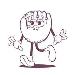 Retro groovy baseball glove line art mascot, funky 70s character