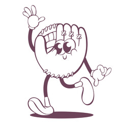 Retro groovy baseball glove line art mascot, funky 70s character