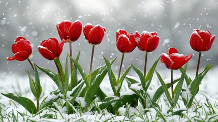 Vibrant red tulips emerge from a blanket of snow, surrounded by lush green grass. The delicate flowers contrast with the winter scene, highlighting nature's resilience and beauty