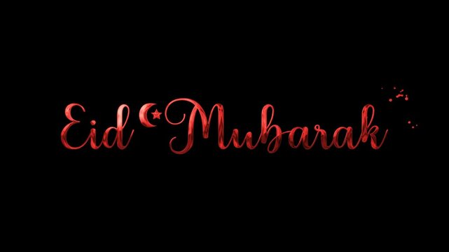 Animated of Red Eid Mubarak text with crescent moon, star, Red splatter suitable for festive designs, greeting cards, social media posts, and presentations. 4k alpha channel