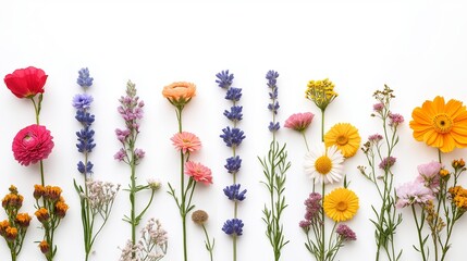 Obraz premium A minimalistic arrangement of diverse flowers on a white background, ideal for International Women's Day banners with space for inscriptions