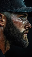 Obraz premium Portrait of an American baseball player with a sweaty face, wearing a black cap, in a stadium