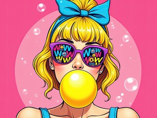 A trendy illustration of a blonde woman wearing sunglasses with wow written on them, blowing a large yellow bubble gum, and sporting a blue bow.