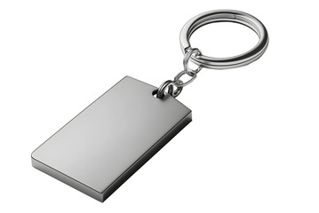 silver metal keychain with rectangular blank tag isolated png transparent background