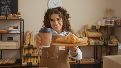 Young brunette woman holding a coffee cup and a croissant in a bakery with bread shelves in the background, smiling warmly