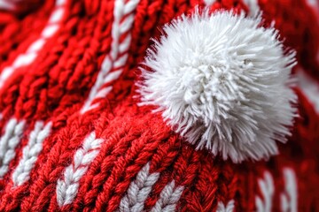 Red and White Knitted Hat with Pom Pom