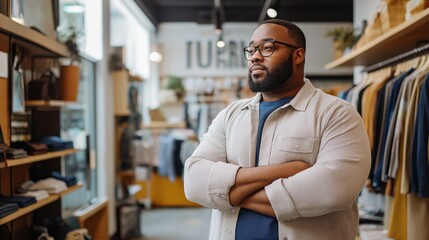 Obraz premium A plus-size man stands confidently in a bright clothing store, browsing oversized fashion amidst colorful racks and unique accessories
