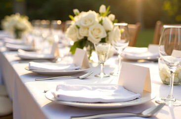 Fototapeta premium Wedding table setting with empty guest cards on plates, light colors, sunny day
