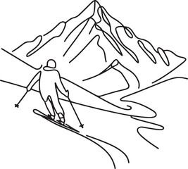 Vector Snowy Mountain Skiing - Line Drawing with Snow Trails