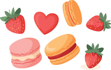 Cute strawberries and macarons in flat design vector art