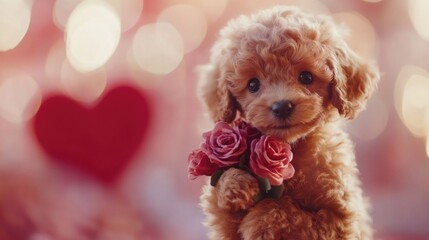 Adorable poodle puppy holding roses with heart background. The 14th of February. Happy Valentine's Day