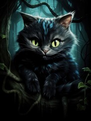 The Enigmatic Cheshire Cat: A Black Furry Feline Sitting and Looking with Dreamy Eyes in a Fairytale Setting (Aspect Ratio: 2:3)