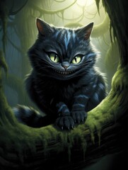 The Enigmatic Cheshire Cat. A Black and White Full View of a Dreamy Cat Sitting and Looking at You © Maryna