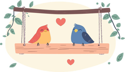 Cute Birds on a Swing with Green Leaves in a Minimal Style Vector Art