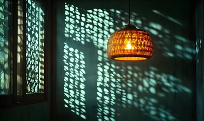 A captivating image of a hanging wicker lamp casting intricate shadows on the wall