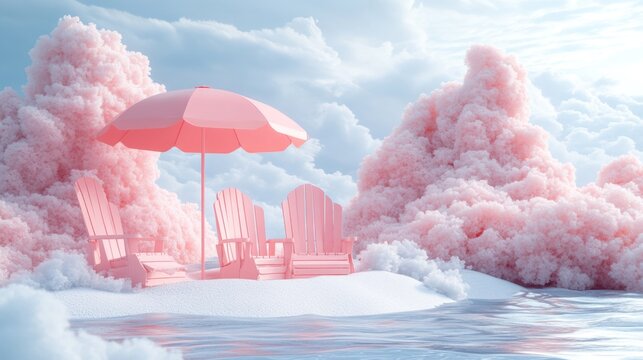 Surreal pink paradise with chairs and umbrella amid cotton candy clouds