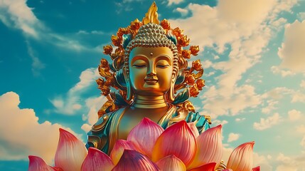 Obraz premium Thai golden buddha statue with a vibrant lotus flower and divine sky