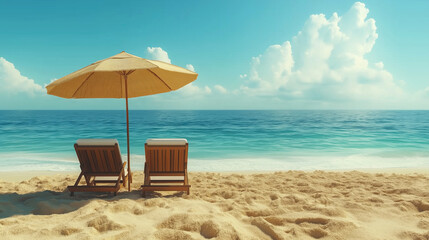 Tranquil beach scene with two empty lounge chairs and umbrella on sandy shore