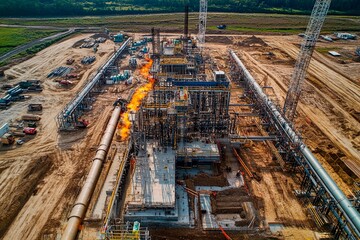 Fototapeta premium Oil refinery construction site with blazing flare at sunset in rural landscape